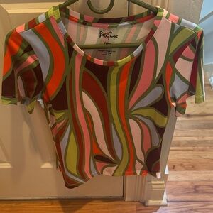 Sally & Joe Green, Pink & Orange Abstract Scoop Neck Crop Top